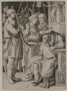 David spiller harpe før Saul av Lucas van Leyden