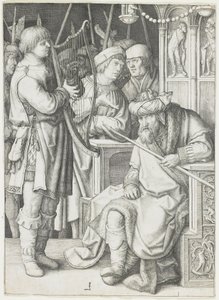 David spiller harpen før Saul, ca. 1508 av Lucas van Leyden