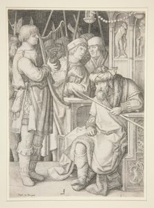 David spiller harpe foran Saul av Lucas van Leyden