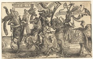 Heltene Kong Arthur, Charlemagne og Godfrey av Bouillon The Nine Heroes (serietittel) av Lucas van Leyden