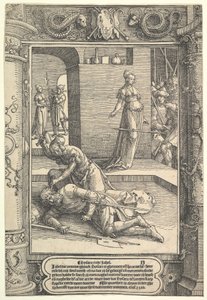 Jael Killing Sisera, dekorativ ramme, ca. 1517. av Lucas van Leyden