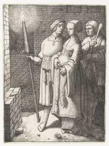 Ung mann med en lommelykt, en kvinne og en nar av Lucas van Leyden