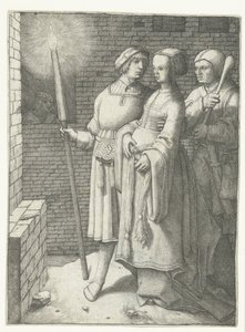 Ung mann med en lommelykt, en kvinne og en nar av Lucas van Leyden