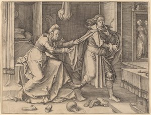Joseph rømmer Potifars kone av Lucas van Leyden