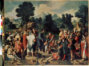 The Healing of the Blind Man of Jericho (midtpanel). Helbredelsen av den blinde mannen fra Jeriko. Mirakel av Jesus Kristus som helbreder Bartimeus fra Jeriko og gjenoppretter synet hans. Maleri av Lucas Van Leyden (1489/94-1533)
