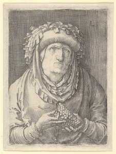 Gammel kvinne med druer, ca. 1523. av Lucas van Leyden