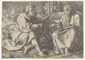 Paul og Peter sitter i et landskap av Lucas van Leyden