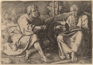 De hellige Peter og Paul sitter i et landskap av Lucas van Leyden