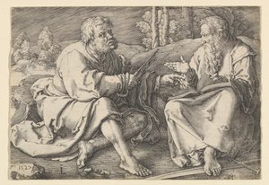 Sts. Peter og Paul sitter i et landskap, 1527. av Lucas van Leyden