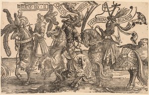 De ni heltene: Arthur, Charles the Great Charlemagne, Godfrey of Bouillon, 1515-1517. av Lucas van Leyden