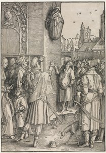 The Power of Women: Poeten Virgil hengt i en kurv av Lucas van Leyden