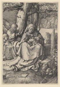 Jomfruen og barnet med to engler, 1523. av Lucas van Leyden