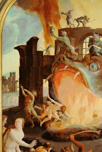 Helvetes gap som fortærer de fordømte (olje på tre) av Lucas van Leyden