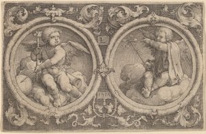 To amoriner sitter på skyer i to sirkler av Lucas van Leyden