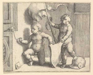 To nakne barn som støtter et tomt skjold, ca. 1510.