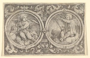 To Putti sitter i skyer i sirkler med ranker, 1517. av Lucas van Leyden