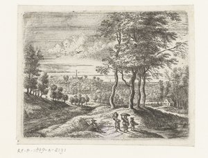 Skoglandskap med to kvinner og en gutt med kurv Små landskap (serietittel) av Lucas van Uden