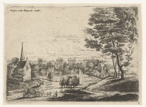 Utsikt over en landsby med overbygd vogn Fem landskap (serietittel) av Lucas van Uden