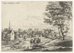 Utsikt over en landsby med en overbygd vogn Fem landskap (serietittel) av Lucas van Uden