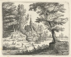 Landskap med hyrder og storfe ved en elv Small Landscapes (serietittel) av Lucas van Uden