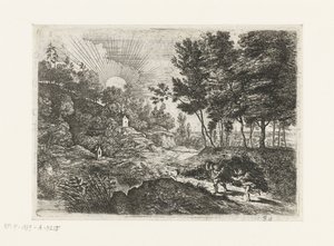 Landskap med to putti Landskap med en gutt og en kvinne med en mugge Fem landskap (serietittel) av Lucas van Uden