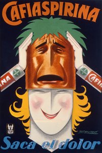 Plakat produsert i Argentina for å annonsere Cafiaspirina aspirin (farge litho)
