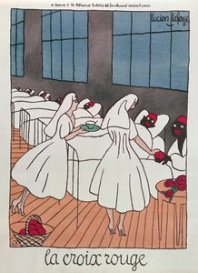 Røde Kors-sykepleiere som tar seg av sårede soldater under 1. verdenskrig, ca. 1915 (farge litho)