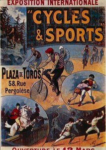 Exposition Internationale Cycles et Sports, reklame for internasjonal utstilling dedikert til sport, illustrasjon av Lucien Lefevre, plakat