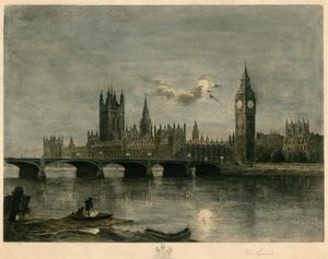 Westminster om natten farget gravering