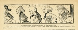 Illustrasjon i Le Rire, 04/01/13 - året 1913... - Teater, Comedie francaise - Hugo Victor, Dumas Alexandre (sønn), Lavedan Henri (1859-1940), Guitry Sacha, Musset Alfred, Moliere (gravering) av Lucien Metivet