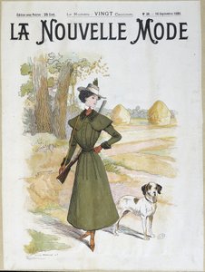 Kvinne i jaktantrekk iført rifle - i "" La Nouvelle Mode"" fra september 1898 av Lucien Metivet