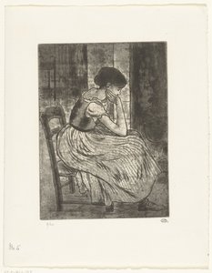 Ung kvinne sitter ved bålet av Lucien Pissarro