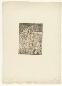 Kvinne med to jenter på en eng av Lucien Pissarro