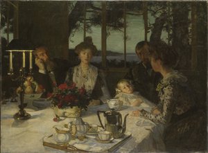 Talking in the Twilight - Talking in the Twilight, av Simon, Lucien (1861-1945). Olje på lerret. Størrelse: 140x190cm. Nationalmuseum Stockholm