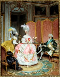 Prostitusjon: "" Den vakre kurtisanen"" En ung kvinne presenterte for en herremann i en privat salong på 1700-tallet gjennom en matchmaker. Maleri av Lucius Rossi (1846-1913)
