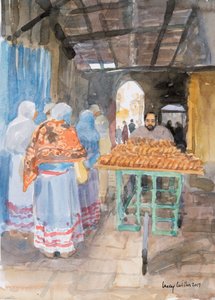 Bagel-selger i Gamlebyen, Jerusalem, 2019 (w/c på papir) av Lucy Willis