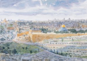 Jerusalem fra Oljeberget, 2019 (w/c på papir) av Lucy Willis