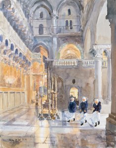 Nybegynnere ved Den hellige gravs kirke, Jerusalem, 2019 (w/c på papir) av Lucy Willis