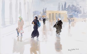 Pilegrimer på Tempelhøyden, Jerusalem, 2019 (w/c på papir) av Lucy Willis