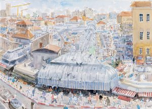 Utsikt fra balkongen, Mahane Yehuda, Jerusalem, 2019 (w/c på papir) av Lucy Willis