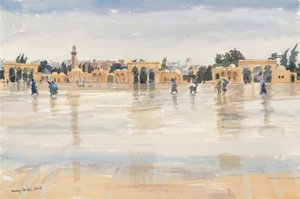 Vind og regn på Tempelhøyden, Jerusalem, 2019 (w/c på papir) av Lucy Willis