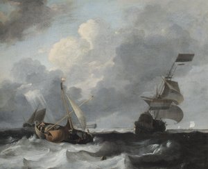En storm utenfor kysten med menn o krig og fiskebåter av Ludolf Backhuysen
