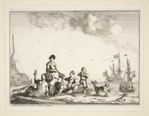 Havn med sjømenn og en fiskehandler av Ludolf Backhuysen