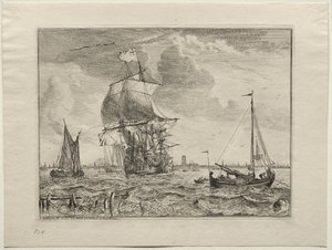 Marine scene med Amsterdam i det fjerne av Ludolf Backhuysen