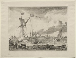 Utsikt over Amsterdam med skip i forgrunnen av Ludolf Backhuysen