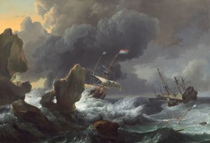 Skip i nød utenfor en steinete kyst, 1667. av Ludolf Backhuysen I