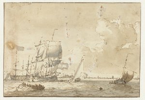 Skip på vannet for en by av Ludolf Bakhuysen