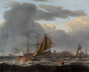 Et krigsskip for anker i et røft hav (olje på lerret)