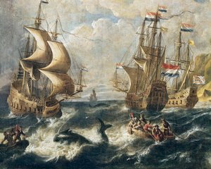 ""Hvalfangst"" Detalj. Maleri av Ludolf Backhuysen (1631-1708). Nancy. Museum of Fine Arts.