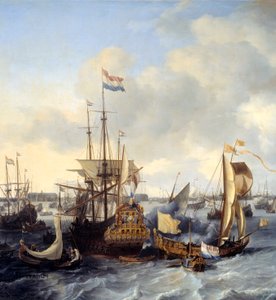 Utsikt over Amsterdam havn fra i detalj. Maleri av Ludolf Backhuysen (1631-1708) 1666 søn. 1,28x2,21 m